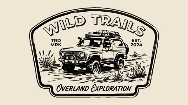 Wild trails. Mountain adventure vintage print design for t shirt. Overland exploration. Explore more. Off road car graphic print.