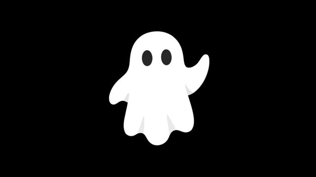  Spooky yet cute white cartoon ghost floating and waving its hand on a solid black background