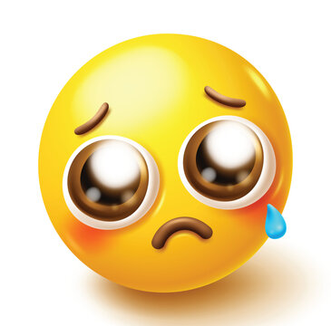 Emoji emoticon sad character clipart isolated on white background featuring 3D glossy yellow face with pleading expression, sad, blushing cheeks, and teardrop. Vector illustration. 
