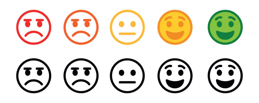 Set of colorful and black line art smiley faces showing diverse emotions for customer feedback ratings.
