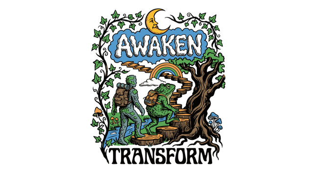 Awaken transform. Spiritual journey vintage print design for t shirt. Frog and moss man adventure. Explore more. Nature artwork.