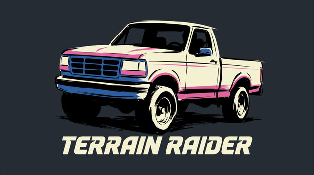 Terrain raider. Pickup truck print design for t shirt print, poster, sticker, background. Off road adventure. 4x4 vehicle graphic print.