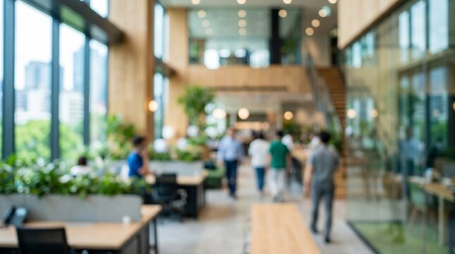Spacious biophilic corporate office interior with wooden elements green plants and blurred business people walking in sustainable eco friendly workspace background for esg