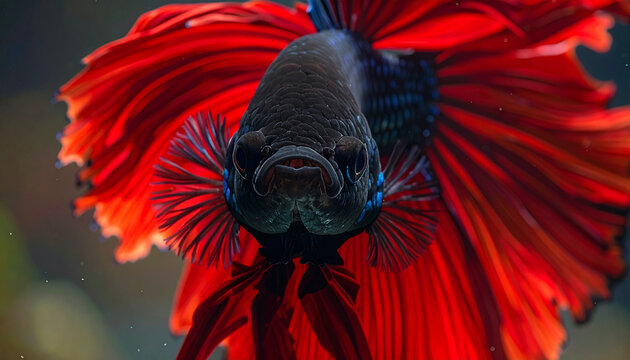 Vibrant betta fish with red fins in focus against a neutral background