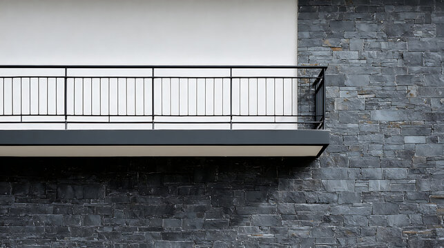 Modern architectural balcony with black metal railing and dark grey slate stone wall cladding in a contemporary minimalist building exterior design