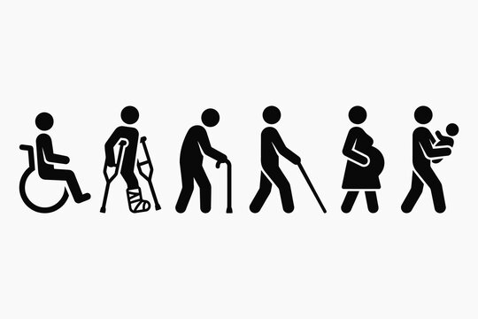 Accessibility icon set with wheelchair, disability, and priority seating pictograms