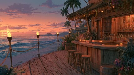 Obraz premium Tropical beach bar at sunset with tiki torches and ocean views. 