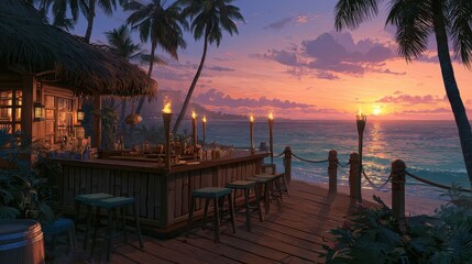 Fototapeta premium Tropical beach bar at sunset with tiki torches and ocean views. 