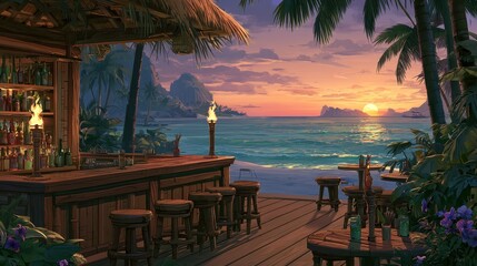 Fototapeta premium Tropical beach bar at sunset with tiki torches and ocean views. 