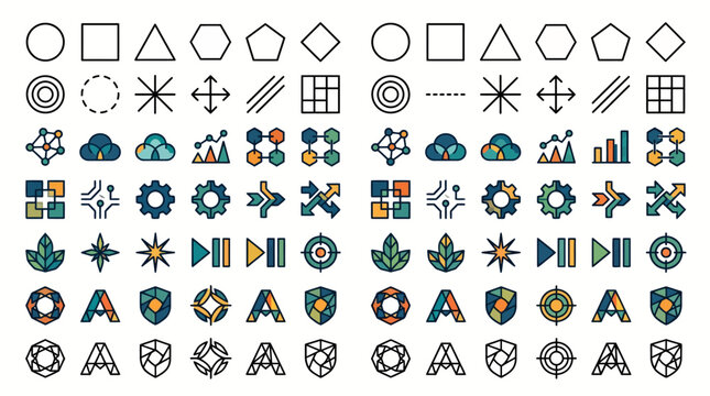 Collection of diverse geometric shapes and abstract symbols for design elements.