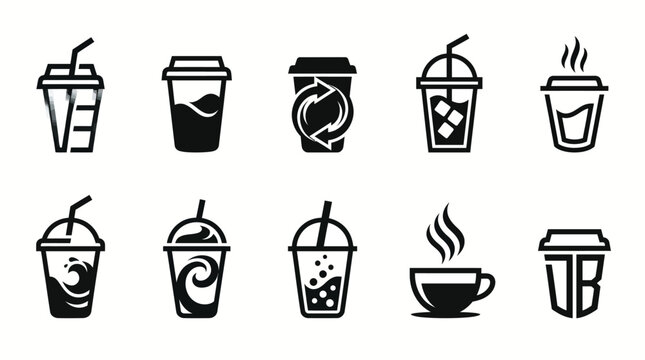 Collection of various coffee and beverage cups in black and white.