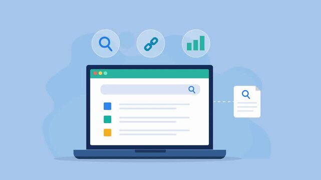 Animated flat vector dashboard on a laptop screen featuring search optimization, link building, and performance analytics icons. Modern SEO, website management, and digital marketing concept.