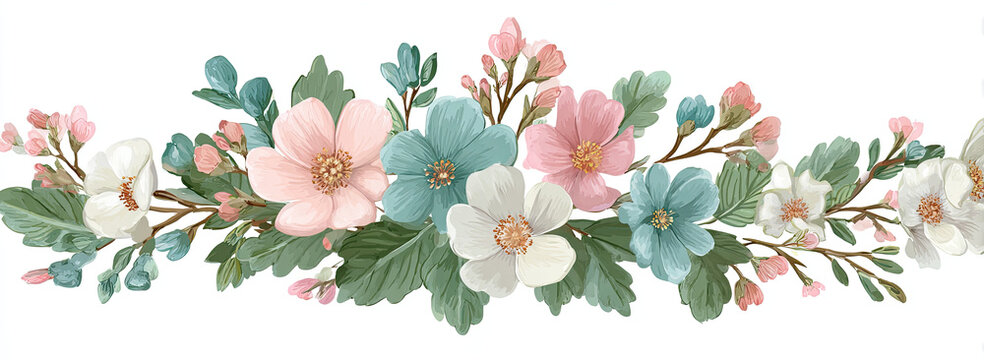 A delicate garland of pastel flowers, leaves, and buds