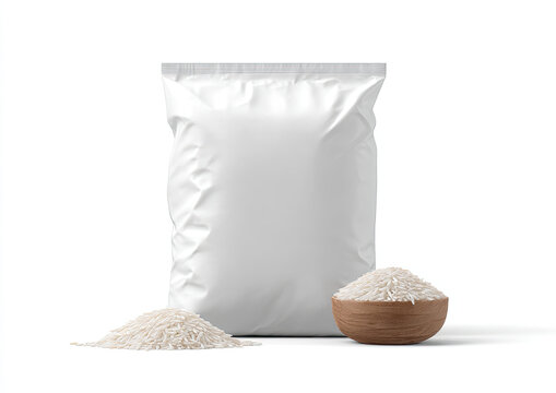 Blank white bag with a pile of rice and a wooden bowl filled