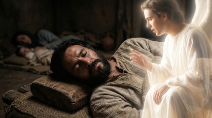Naklejka premium Angel appears to Joseph in a dream to warn him to flee to Egypt with Mary and Jesus. Biblical scene of the nativity story. Spiritual encounter with a divine messenger in a dark home.