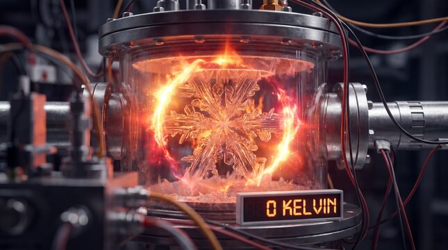 Quantum physics experiment at 0 Kelvin, glowing snowflake crystal in laboratory vacuum chamber, absolute zero temperature research