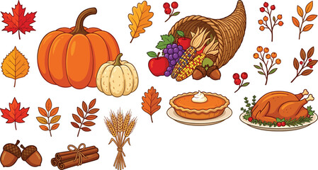 Thanksgiving Holiday and Autumn Harvest Vector Icon Set Featuring Roast Turkey, Pumpkin, Cornucopia, Pumpkin Pie, and Fall Leaves for Festive Digital Graphic Designs © Ismail