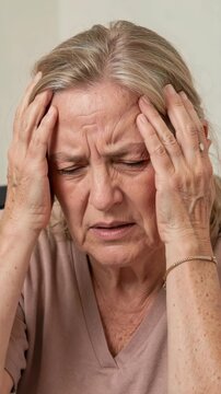 A woman grimacing in pain as she holds her head.