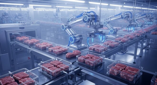 Robotic arm in automated food processing factory. Meat packaging machine handling raw beef steak on conveyor belt. Industrial manufacturing, high technology, and modern food production.