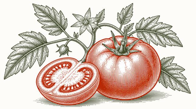 A vintage engraved illustration of a detailed botanical tomato and its sliced counterpart on a leafy branch.