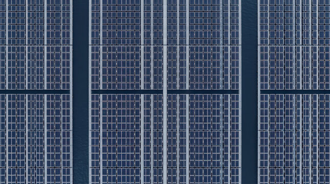 Large-scale floatovoltaic power plant aerial view, showcasing an innovative clean energy grid on water.