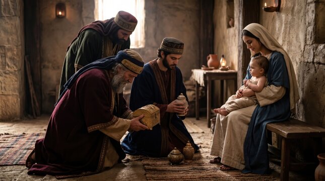Three magi offering gold, frankincense and myrrh to the baby Jesus held by woman Mary. Biblical scene depicting the nativity of Christ. Religious story from the Christmas gospel.