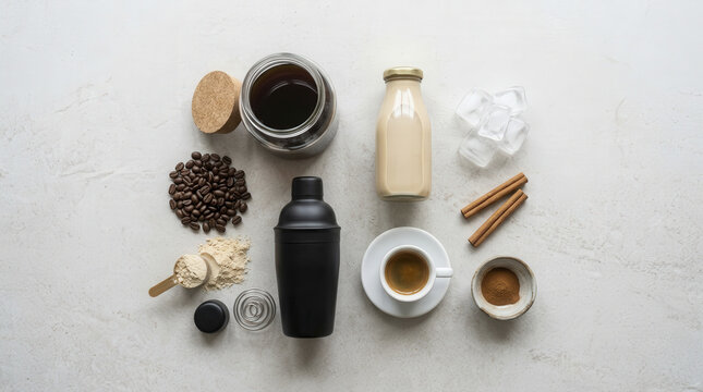 Complete protein coffee ingredient flat lay: fresh cold brew, creamy protein milk, powder, beans, espresso, ice, and cinnamon for a balanced beverage.