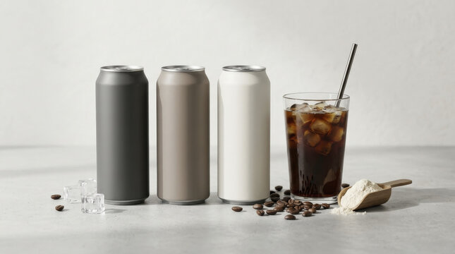 Ready-to-Drink Protein Coffee Cans with Iced Brew, Coffee Beans, and Protein Powder Scoop.