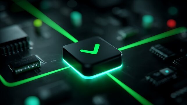 Illuminated green checkmark button on futuristic circuit board with glowing lines and microchips, digital technology concept