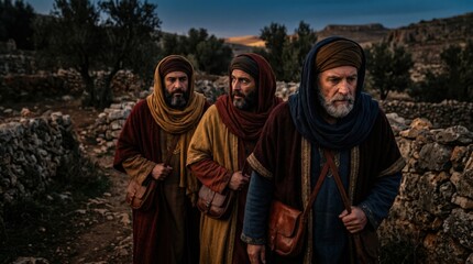 Fototapeta premium Three wise men traveling on journey to Bethlehem. Biblical magi following the star to find child Jesus. Historical religious reenactment of nativity scene in ancient desert landscape.
