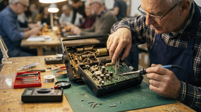 Focused Senior Volunteer Soldering Electronics at Community Repair Cafe, Promoting Repair Culture and Sustainability.