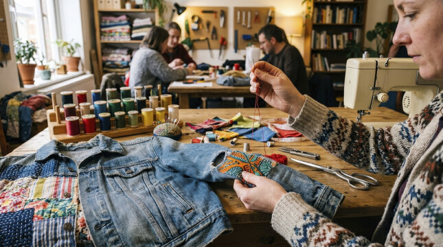 Community workshop for mending denim jacket, sustainable fashion and textile repair, promoting circular economy and upcycling skills