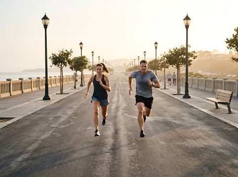 A man and a woman run on a paved path with lampposts and trees lining the sides, conveying fitness and outdoor activity