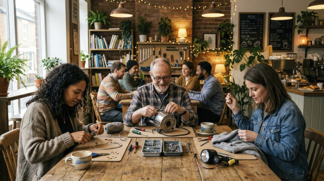 Cozy Repair Cafe Event: Diverse Community Members Engaged in Fixing Household Items and Sharing Practical Skills.