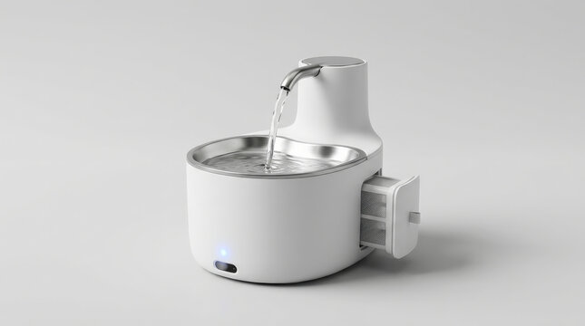 White modern smart pet water fountain showcasing advanced filtration system with pull-out filter on studio background.