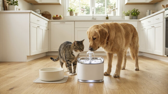 Golden retriever and tabby cat sharing a smart pet water fountain in a modern kitchen