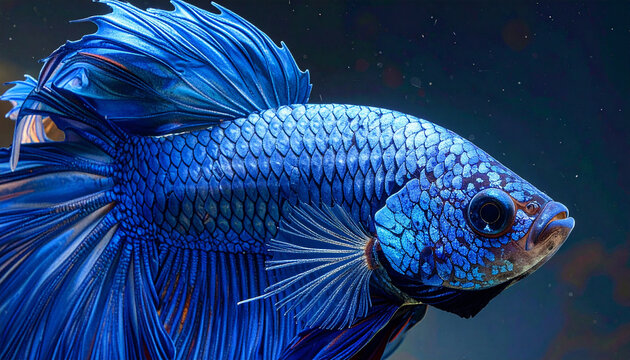 Vibrant blue betta fish portrait showcasing detailed scales and flowing fins