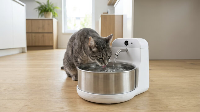 Domestic gray tabby cat enjoying fresh water from contemporary smart pet fountain on wooden floor in modern home.