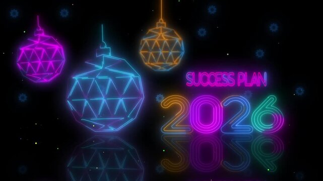 Glowing geometric ornaments with success plan 2026 text on a dark background animation