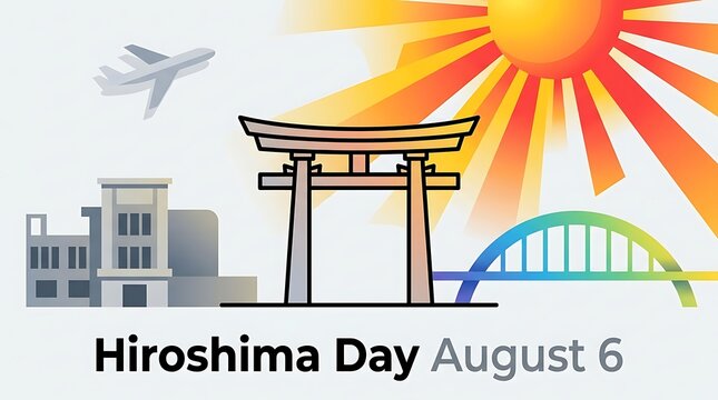 Colorful illustration celebrating hiroshima day with torii gate airplane and rainbow bridge scene