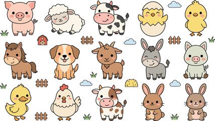 Fototapeta premium Cute Farm Animal Characters Collection Featuring Pig Sheep Cow Chick Horse Goat Donkey Rabbit and Puppy Illustrations