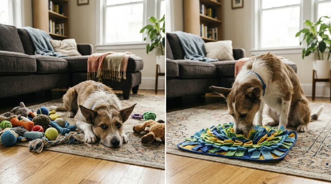 Before & after: Scruffy dog transformed from bored to engaged with a stimulating snuffle mat.
