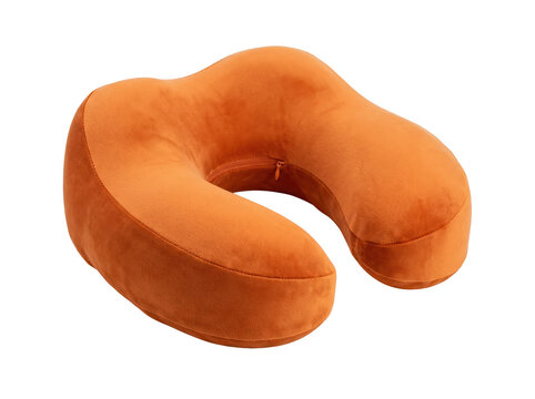 Orange Ergonomic Memory Foam Neck Travel Pillow with Soft Velvet Cover and Zipper Isolated on Black for Flight and Long Distance Commute