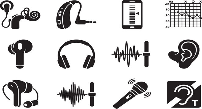 Collection of black and white related to hearing and sound technology hearing aid cochlea smartphone