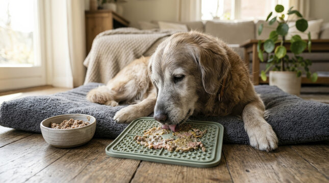 Golden Retriever enjoying a delicious lick mat treat on a comfy dog bed, promoting calm pet enrichment and slow feeding indoors.