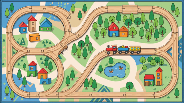 Wooden train track toy set on a playmat with small houses children miniature