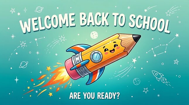Cute animated pencil rocket flying in space with welcome back to school message and stars