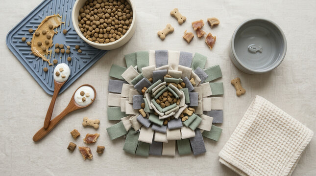 Flat lay of a stylish snuffle mat surrounded by various dog foods and treats, showcasing pet enrichment supplies and healthy nutrition.