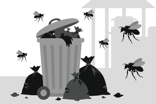 Monochrome illustration showing a plastic trash can overflowing with garbage bags, surrounded by buzzing flies.