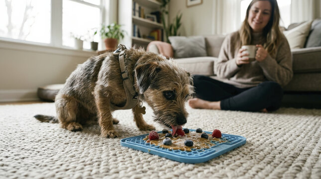 Focused Terrier dog enjoying a lick mat topped with peanut butter and berries, providing calming enrichment and tasty treats.